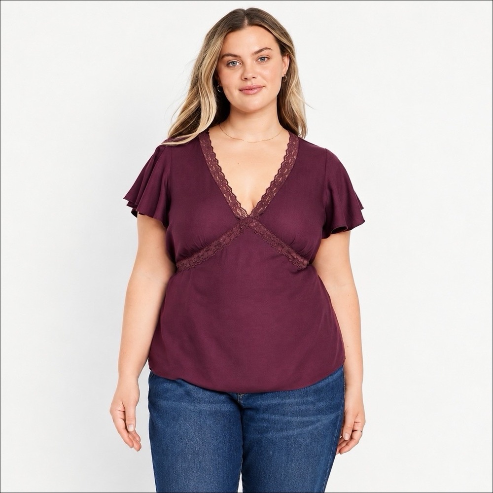 NEW Old Navy Top Womens Size 3X Plus Purple Lace Trim Feminine Flutter Sleeve